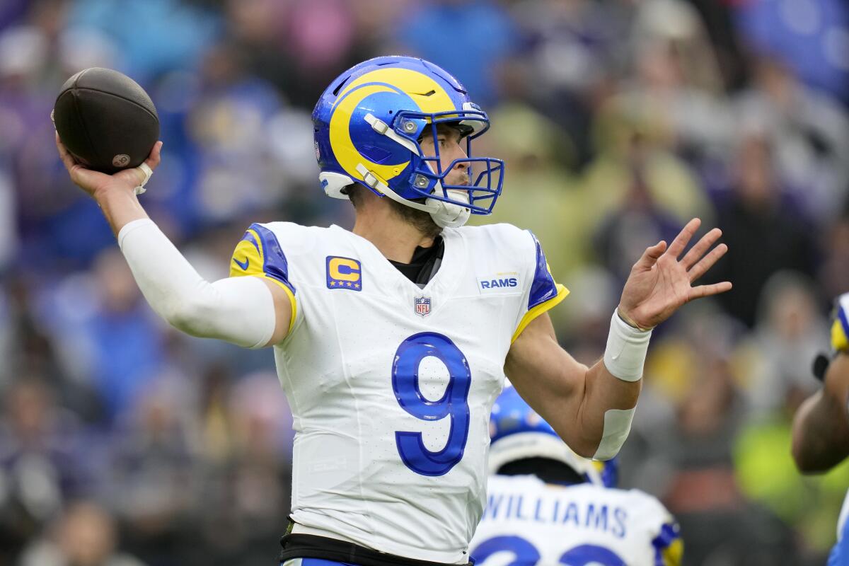 Rams quarterback Matthew Stafford passes against the Baltimore Ravens on Sunday.