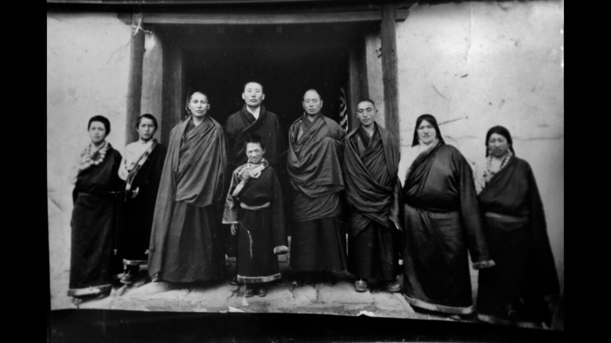 Gonpo Tso, foreground, with her father, the king, Rapten Tinley, fourth from left, and others in Aba, China. Her past, full of reversals of fortune, offers a window on the tortured history between China and Tibet.