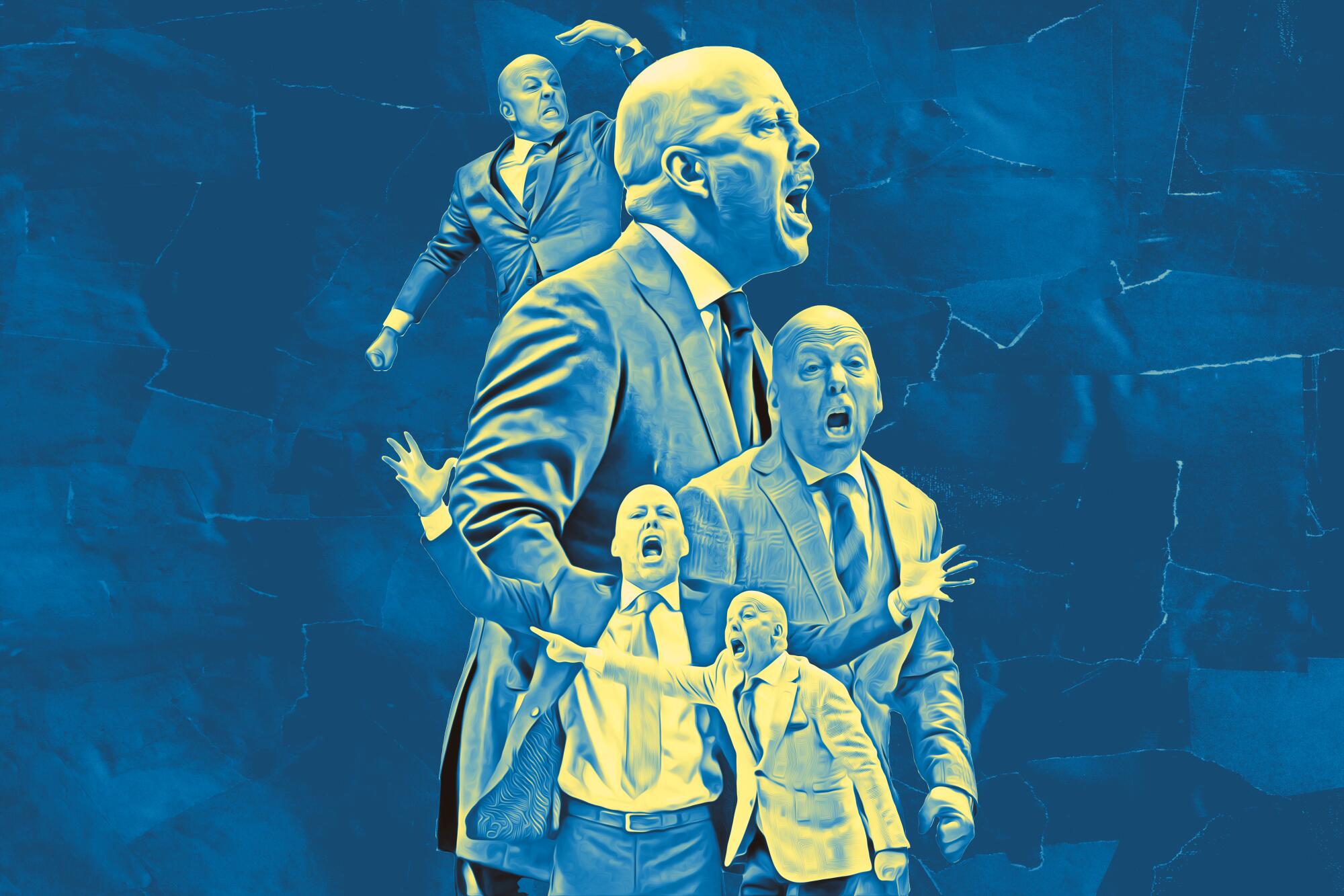 A series of photos of UCLA coach Mick Cronin shouting and reacting from the sidelines to his players' actions and referees.