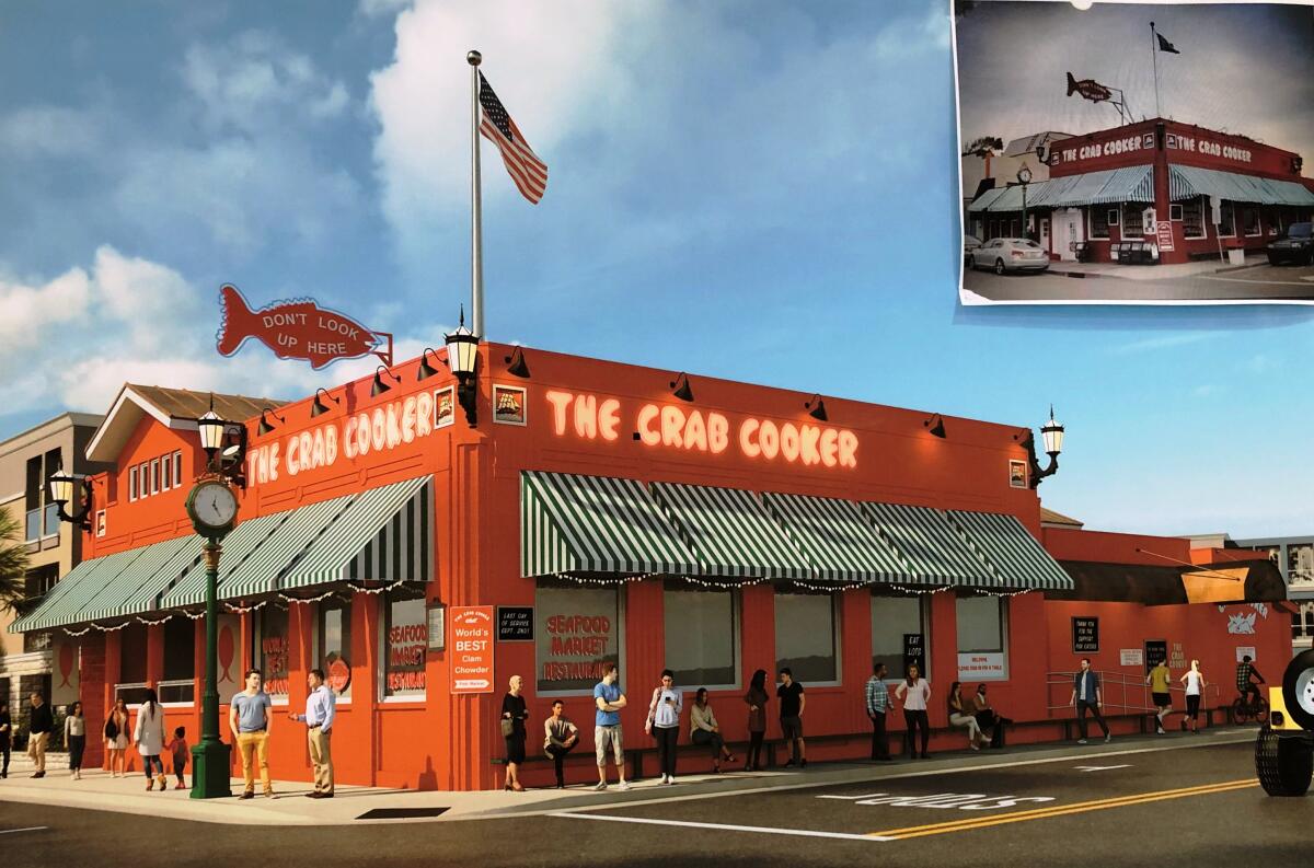 A rendering of the rebuilt Crab Cooker in Newport Beach shows it will look much like its predecessor (inset) upon the restaurant's expected reopening in 2020.