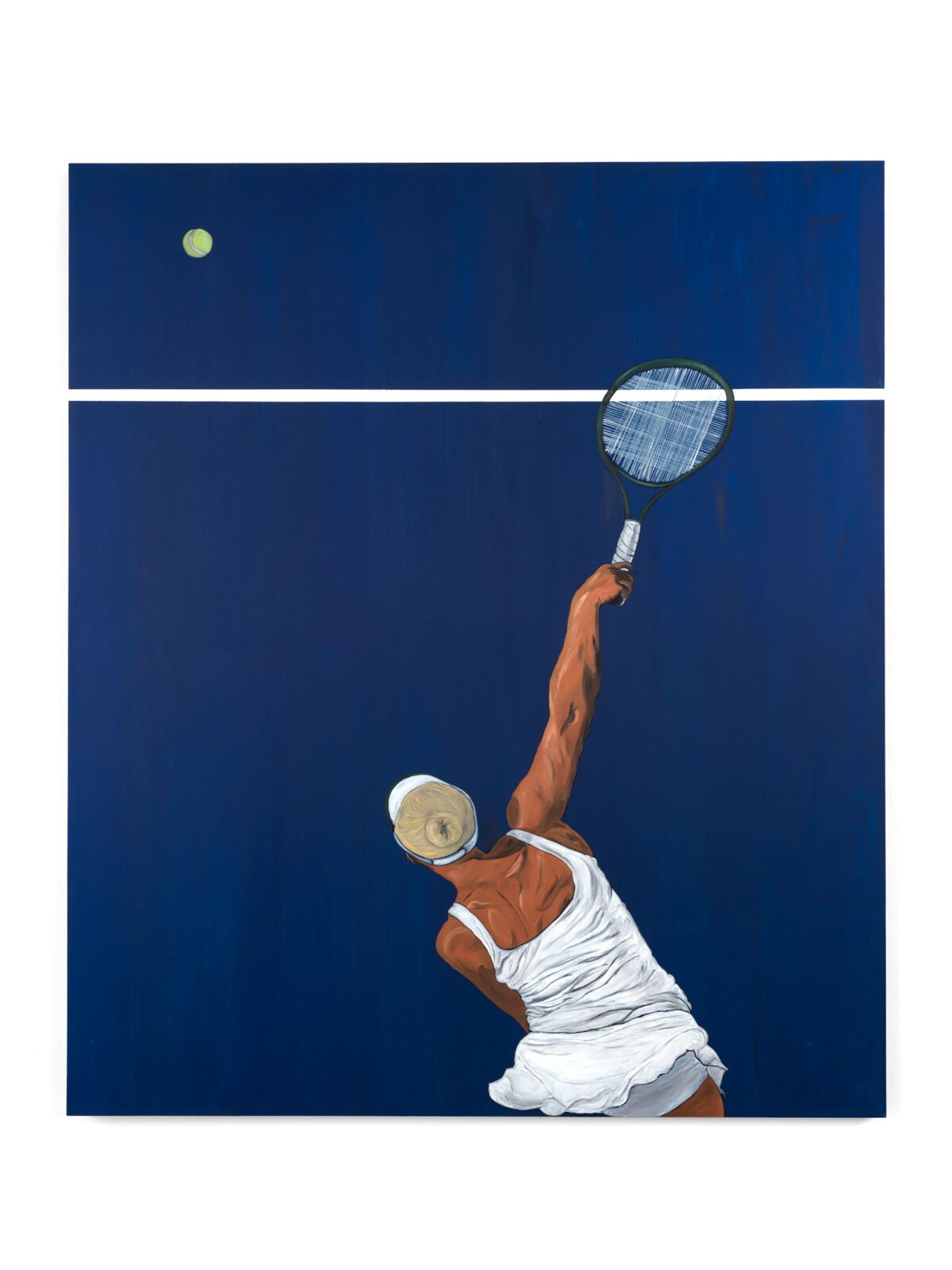 A painting of a person hitting a tennis ball with a racket.