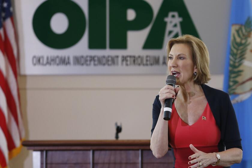 Republican presidential candidate Carly Fiorina speaks to a group of people at the Oklahoma Independent Petroleum Association in Oklahoma City on Sept. 29.