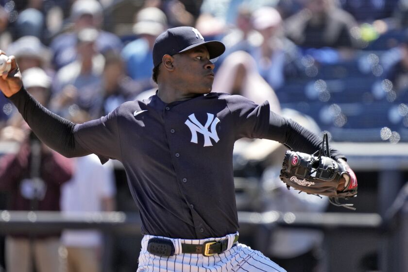 New York Yankees pitcher Luis Severino delivers to the Detroit Tigers during the first inning of a spring training baseball game Tuesday, March 21, 2023, in Tampa, Fla. (AP Photo/Chris O'Meara)
