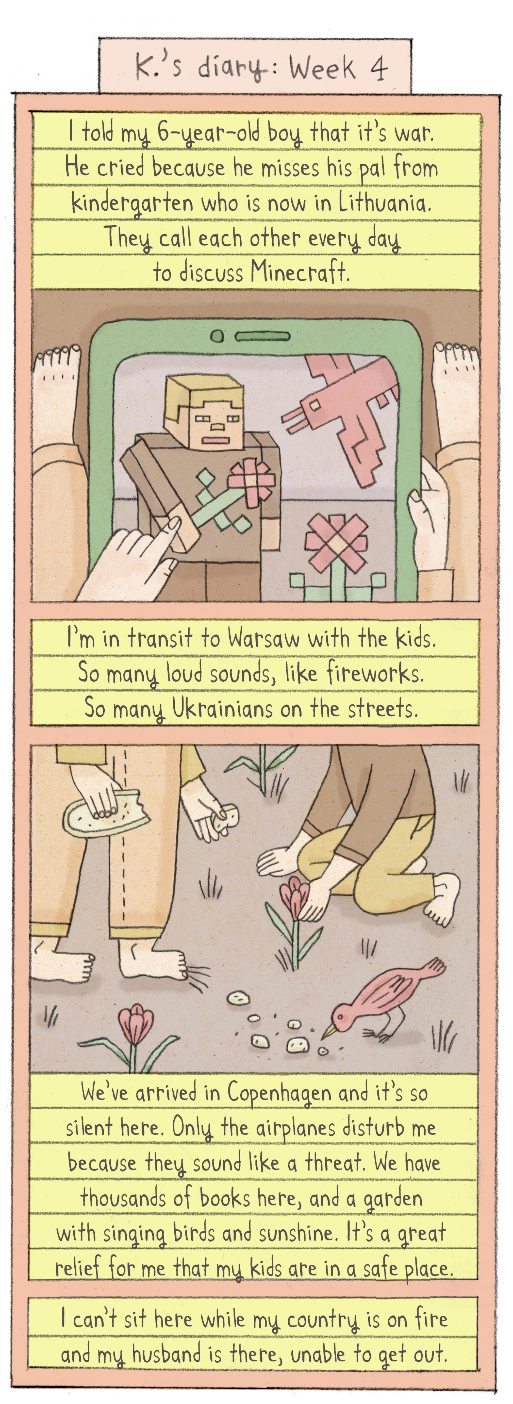 comic panels describe talking to 6 year old about war, missing friends, discussing minecraft, arriving in copenhagen.
