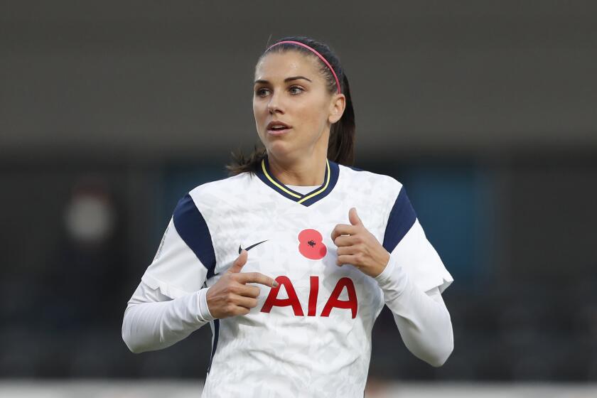 Tottenham Hotspur's Alex Morgan comes on as a substitute during the English Women's Super League soccer match between Tottenham Hotspur and Reading at the Hive stadium in London Saturday, Nov. 7, 2020. Morgan came on as a 69th minute substitute, the game ended in a 1-1 draw. (AP Photo/Alastair Grant)