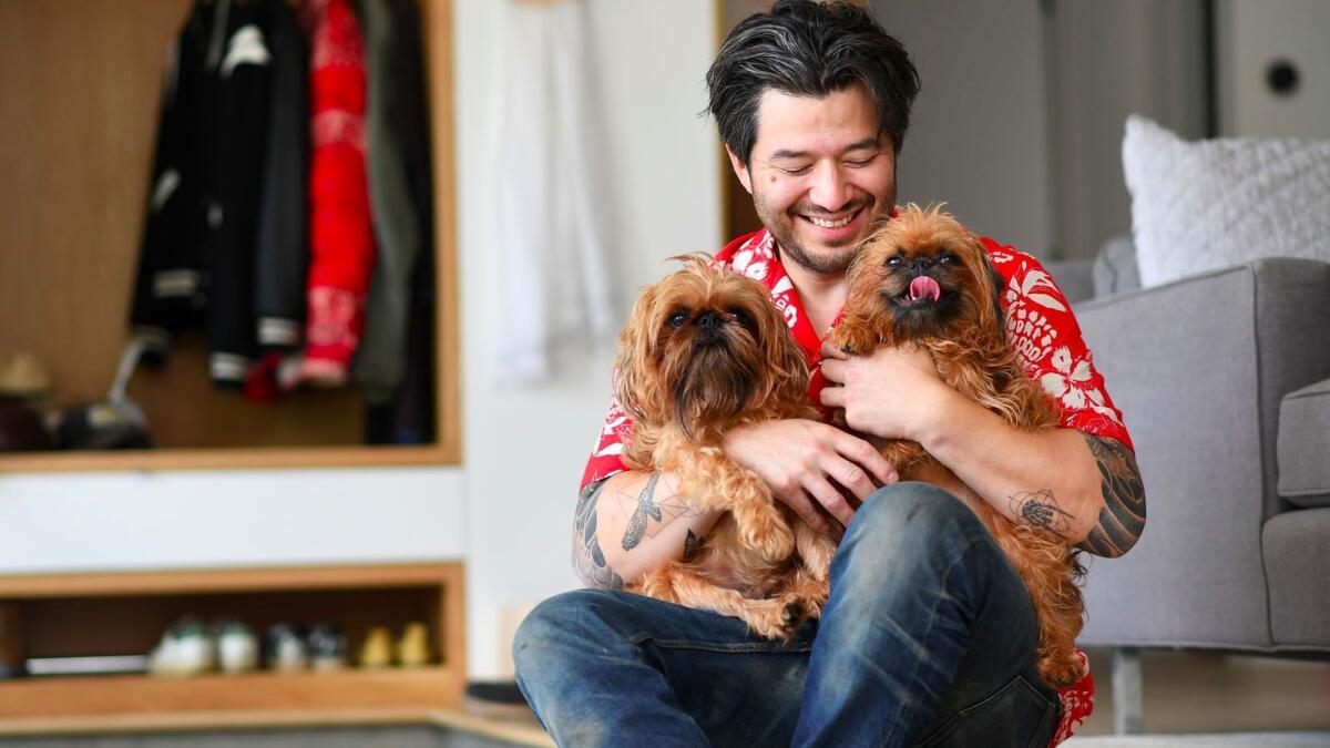 Chef Josef Centeno with dogs Winston and Bear are photographed at home in Los Feliz.