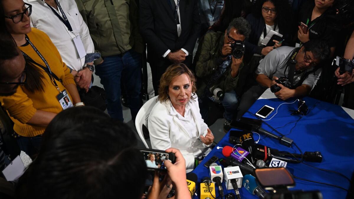 Former First Lady and presidential candidate for the National Union of Hope party Sandra Torres speaks during a news conference in Guatemala City on June 17, 2019, after voting ended in the general election.
