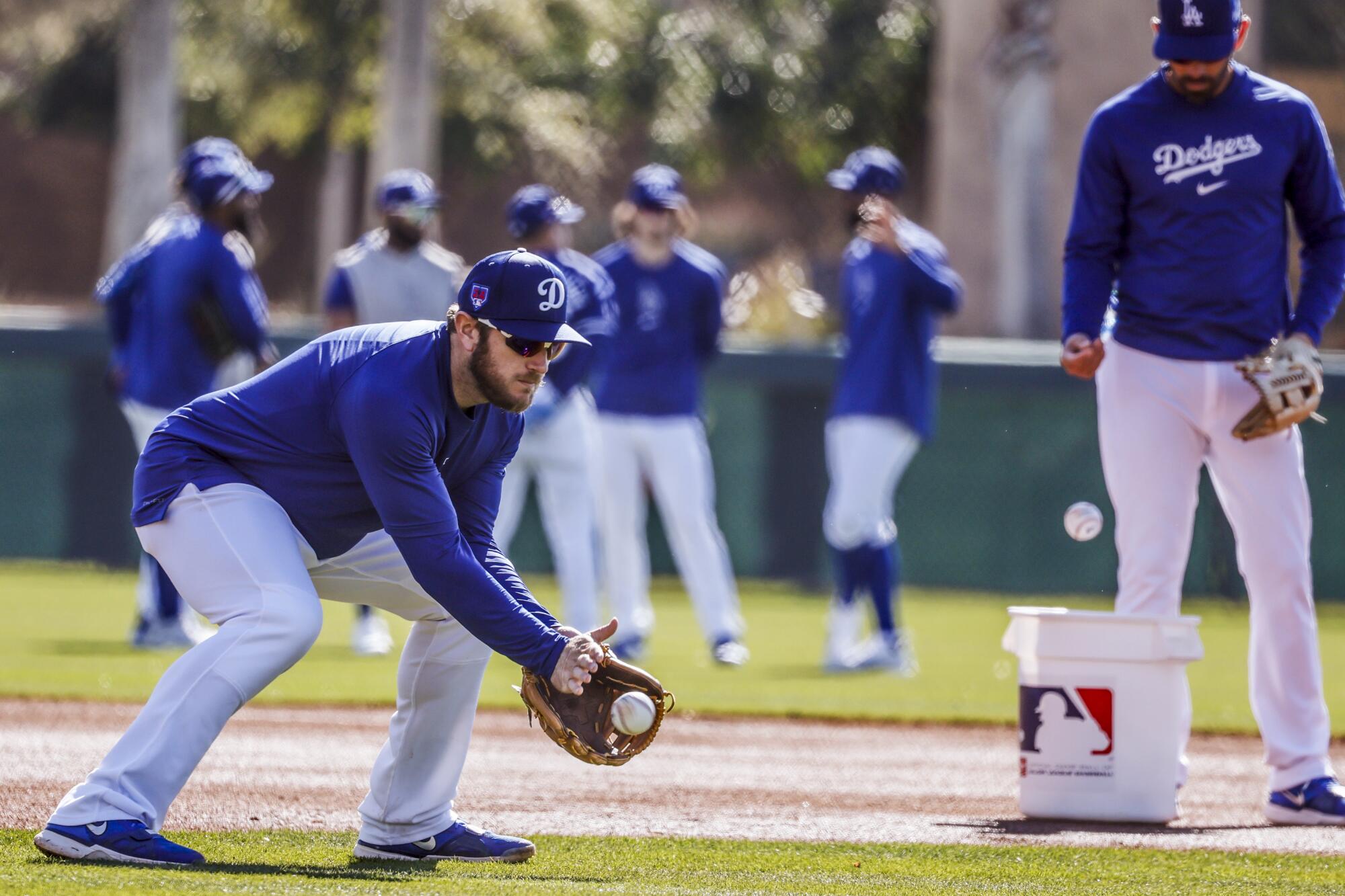 Dodgers infielder Max Muncy fields a grounder during the second day of spring training at Camelback Ranch.