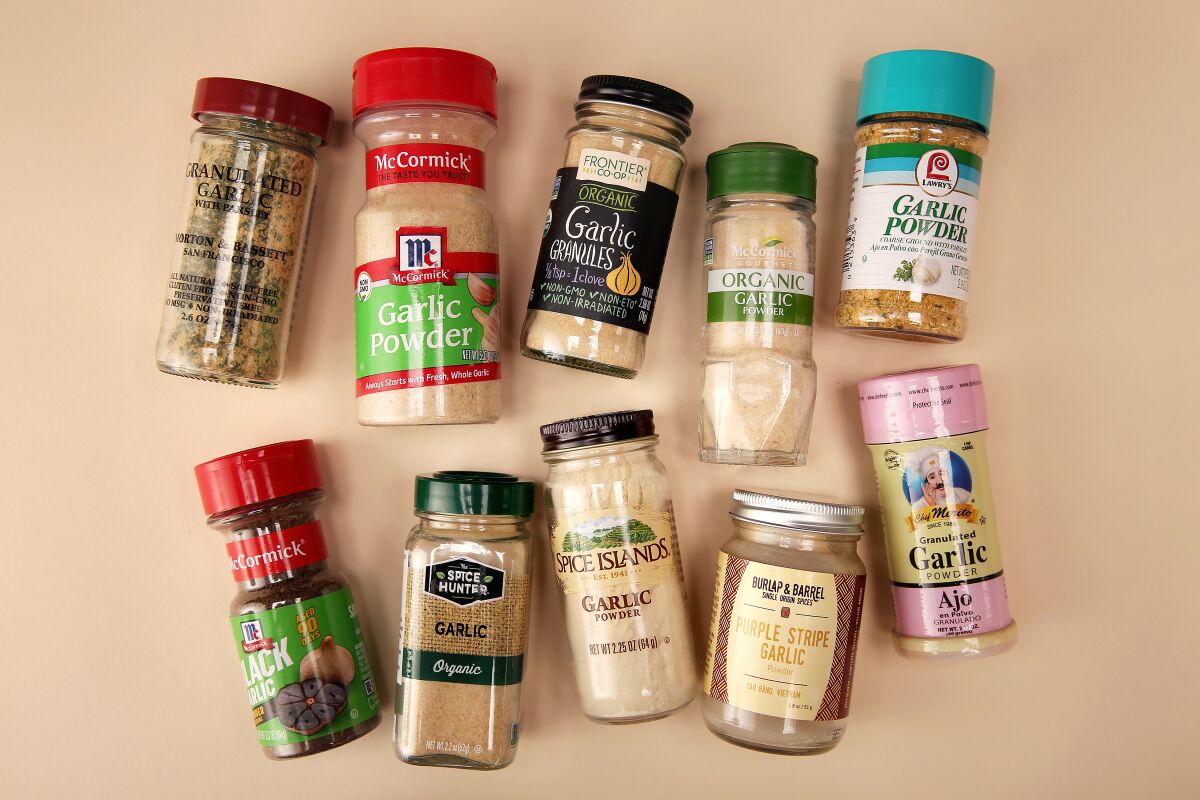 An assortment of bottled garlic powders