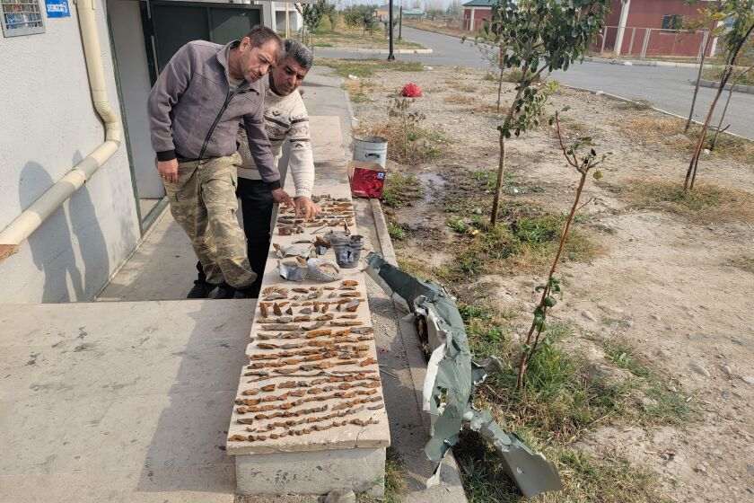 Wafadar Aliyev and Aydin Shahverdiyev, two refugees from the now Armenian-controlled district of Agdere — which Armenians call Martakert —, collect pieces of shrapnel from a barrage on their settlement near the city of Terter, Azerbaijan.