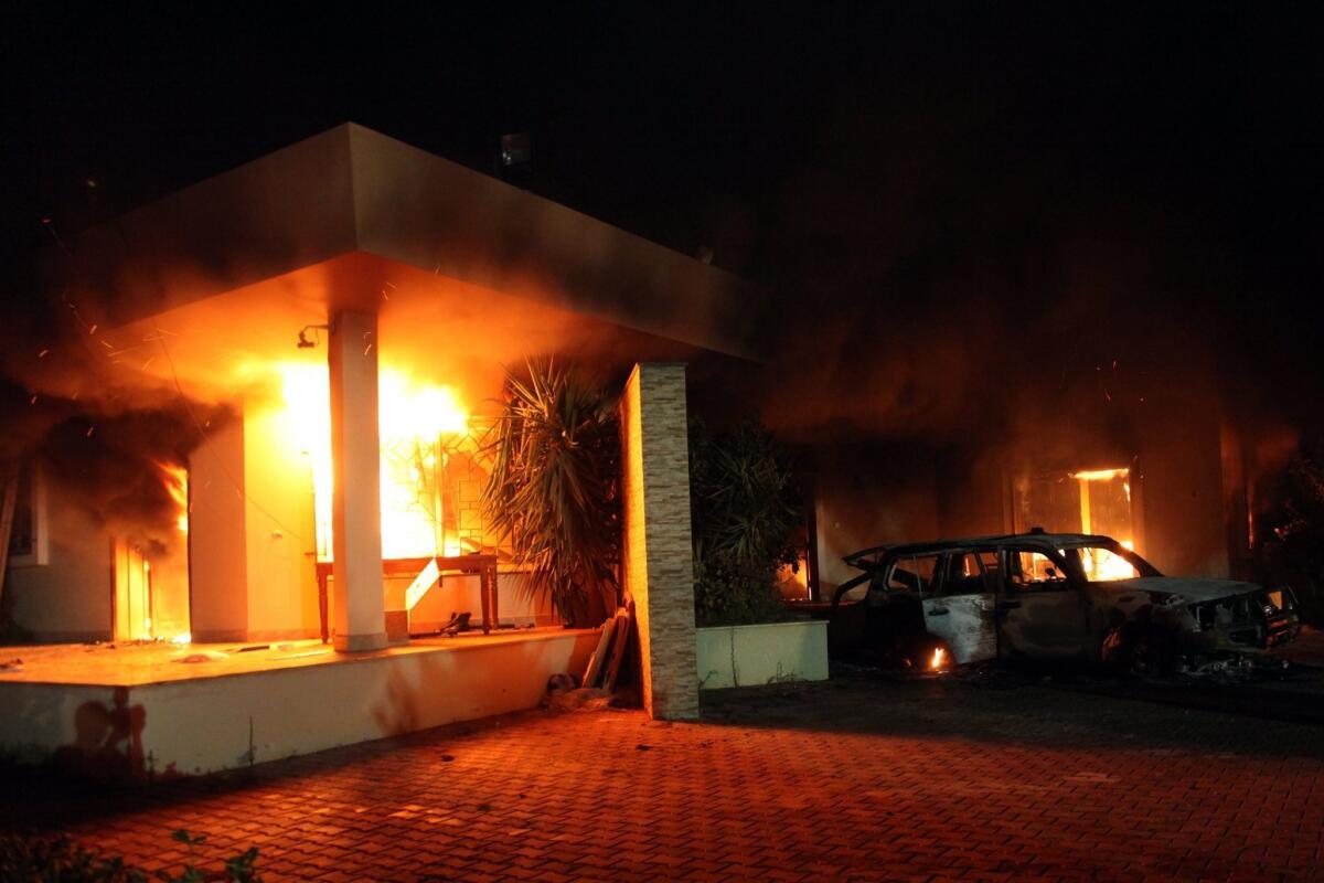 Buildings set on fire at the U.S. consulate in Benghazi, Libya.