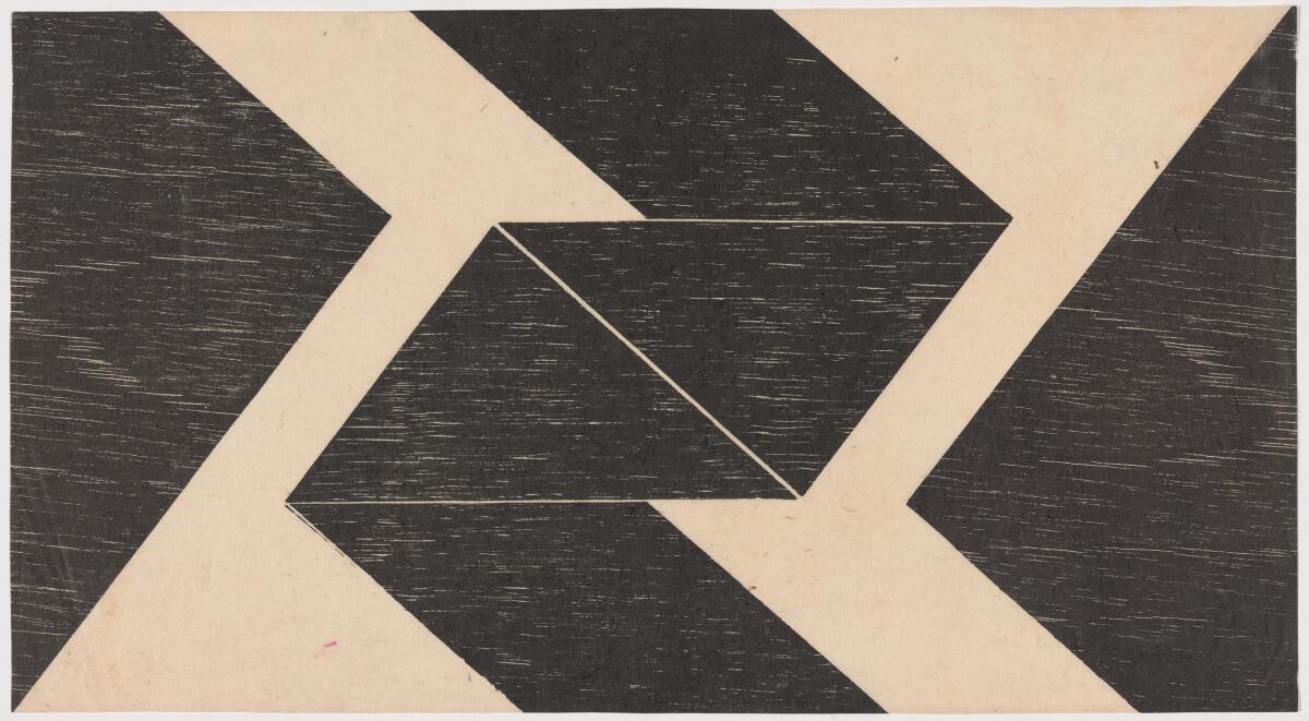 A black and white block print by Lygia Pape shows a series of intersecting triangles and parallelograms