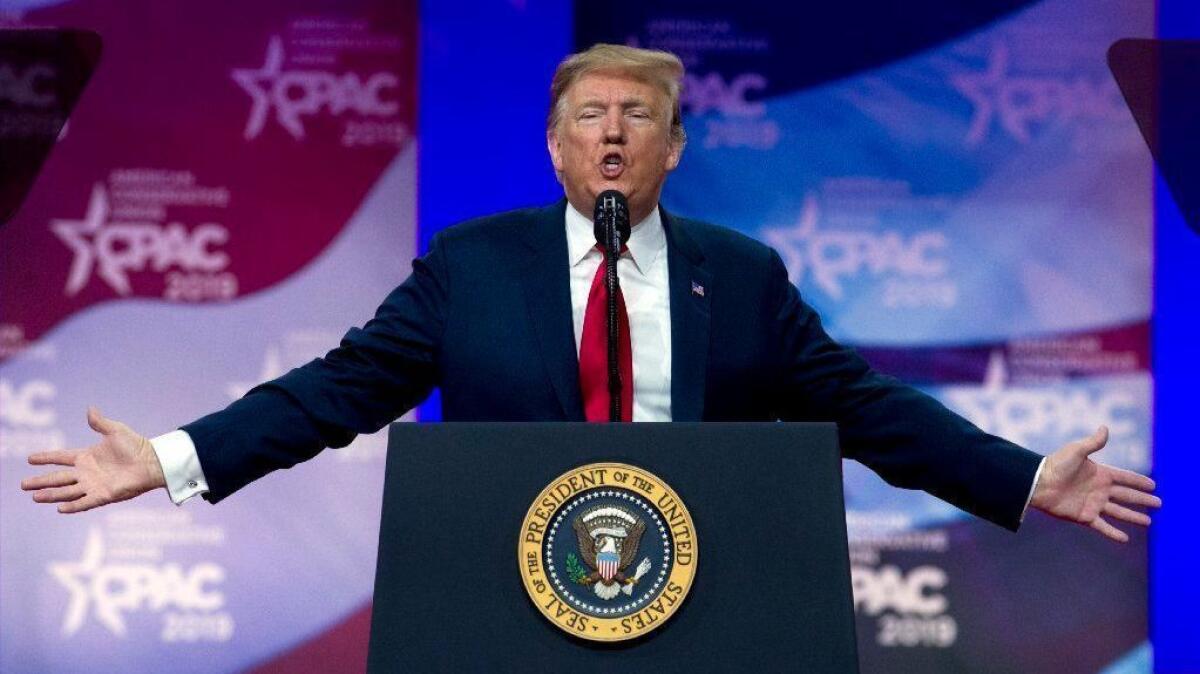 President Trump speaks at the Conservative Political Action Conference, CPAC 2019, in Oxon Hill, Md., on Saturday.