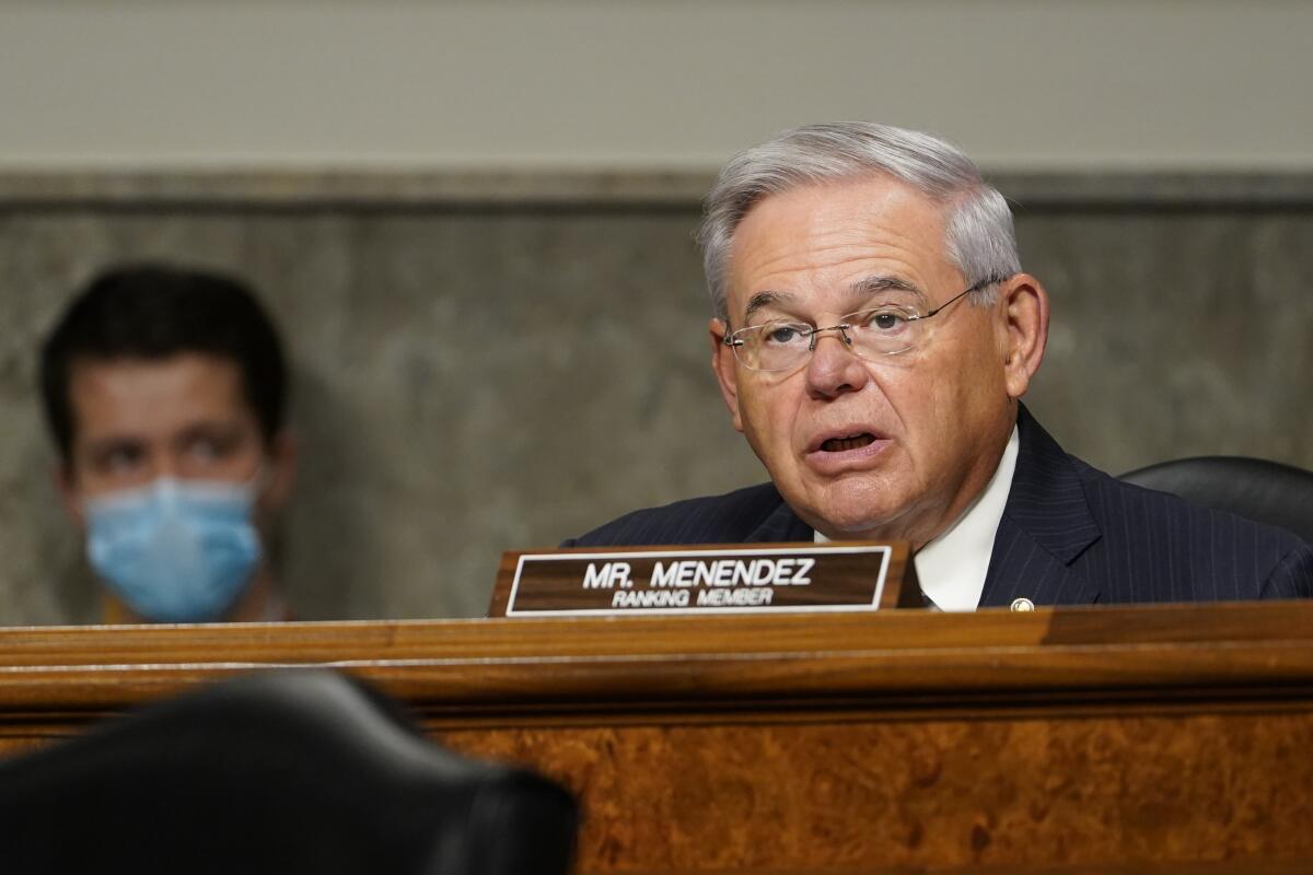 Sen. Robert Menendez is seen speaking at a hearing 