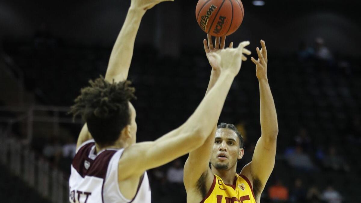 USC's Bennie Boatwright shoots over Missouri State's Darian Scott during the first half on Tuesday in Kansas City, Mo.