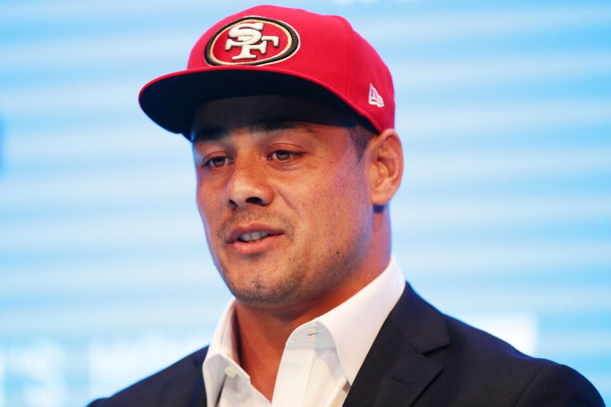 Jarryd Hayne speaks during a March 3 news conference in Sydney, Australia, after announcing his decision to sign with the San Francisco 49ers.