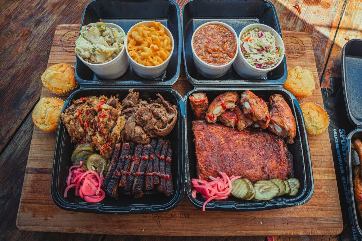 Cali BBQ's "Tailgater BBQ Feast" includes tri-tip, rib tips, pulled pork, brisket, chicken, ribs, mac-n-cheese, beans, slaw, potato salad and cornbread.