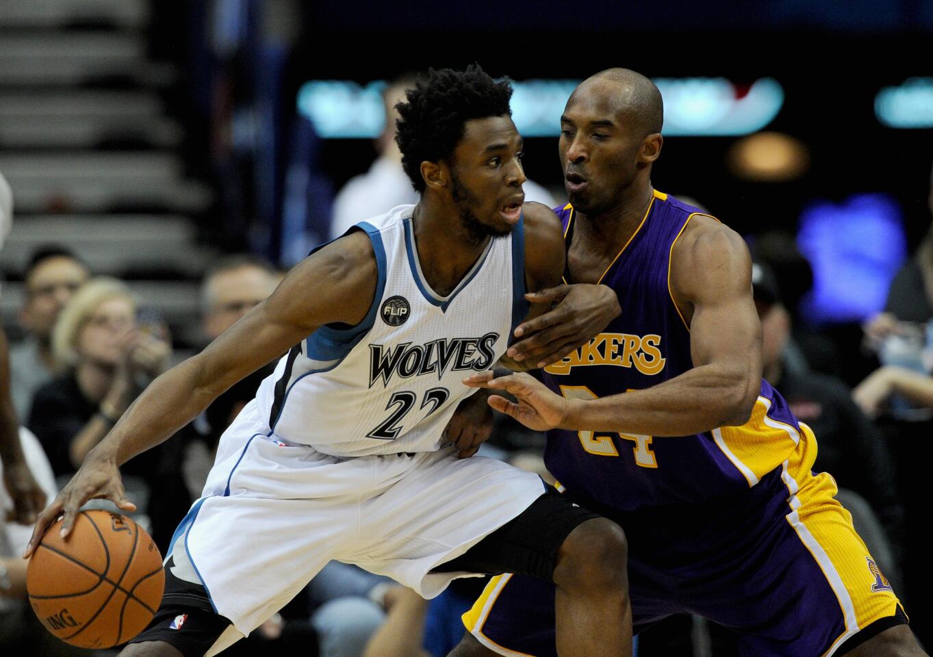 Lakers forward Kobe Bryant defends Timberwolves forward Andrew Wiggins during a game on Dec. 9.
