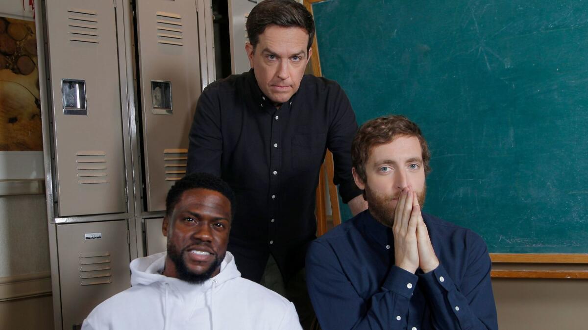 Kevin Hart, left, Ed Helms and Thomas Middleditch are the key voices in the animated movie "Captain Underpants: The First Epic Movie."