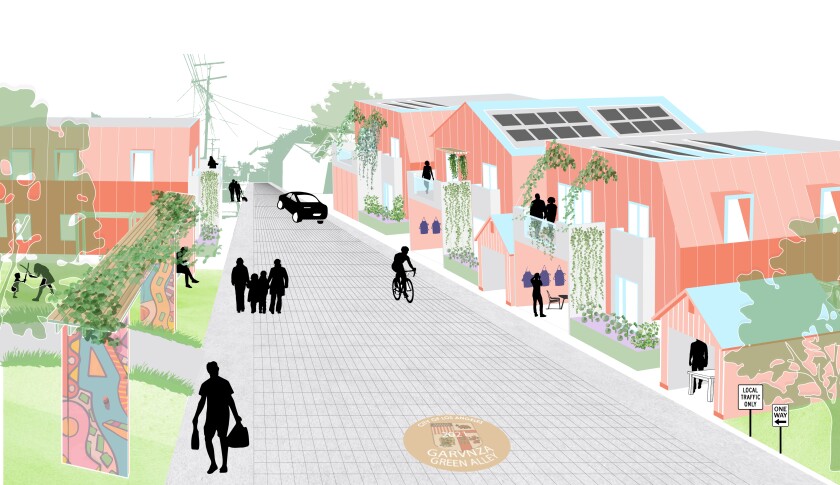 A digital drawing shows the silhouettes of pedestrians and cyclists moving through a lane lined with small-scale houses.