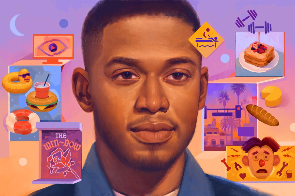 An illustration of Kelvin Harris Jr. with a TV, pool floats, the Win-Dow window, French toast with syrup, and a board game.