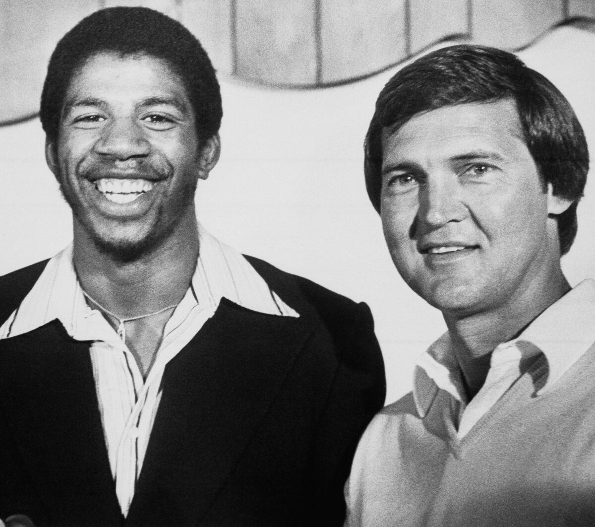 Magic Johnson, left, and Jerry West in a black-and-white photo from May 16, 1979