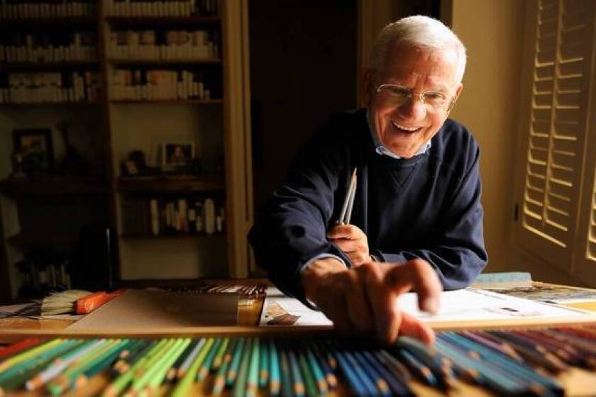 Robert Clary, 87, enjoys pencil painting at his house in Beverly Hills.