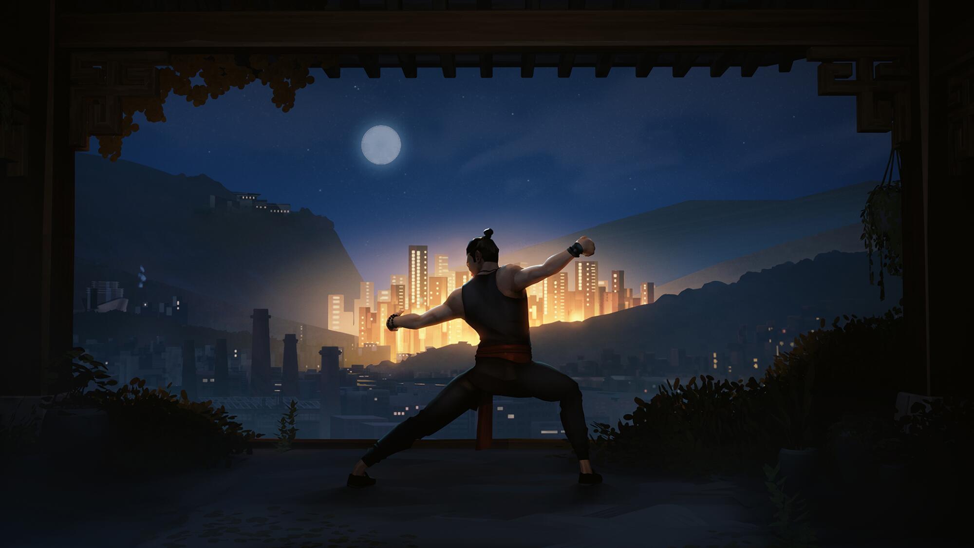 A silhouette of a man doing kung fu in front of a cityscape at night 