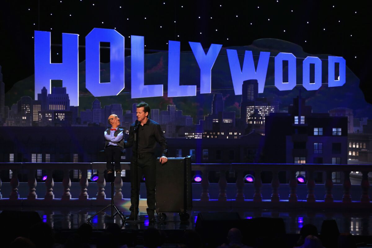 Comedian Jeff Dunham and 'Walter' perform onstage during Jeff Dunham: Unhinged In Hollywood Featuring Special Guest Brad Paisley on August 19, 2015 in Los Angeles, California. (Photo by Christopher Polk/Getty Images for Essential Broadcast Media, LLC)