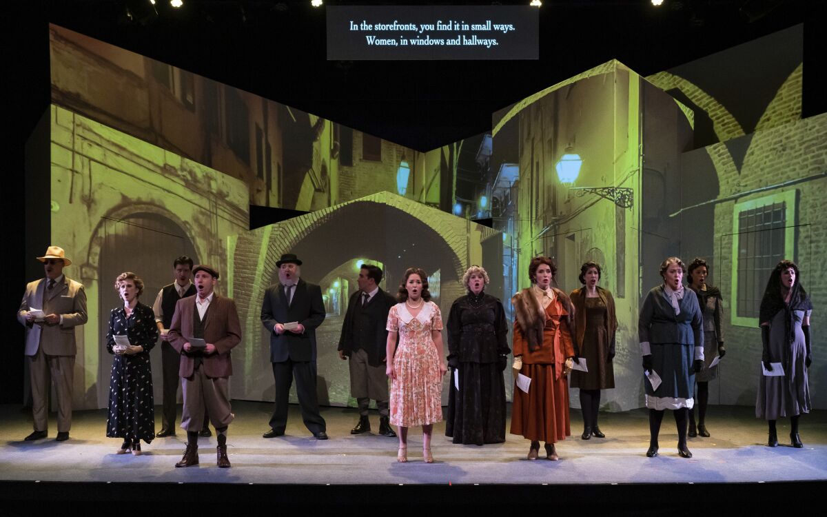This image released by the New York City Opera shows the cast during a performance of Ian Ricky Gordon's "The Garden of The Finzi-Continis" in New York. (Steven Pisano/New York City Opera via AP)