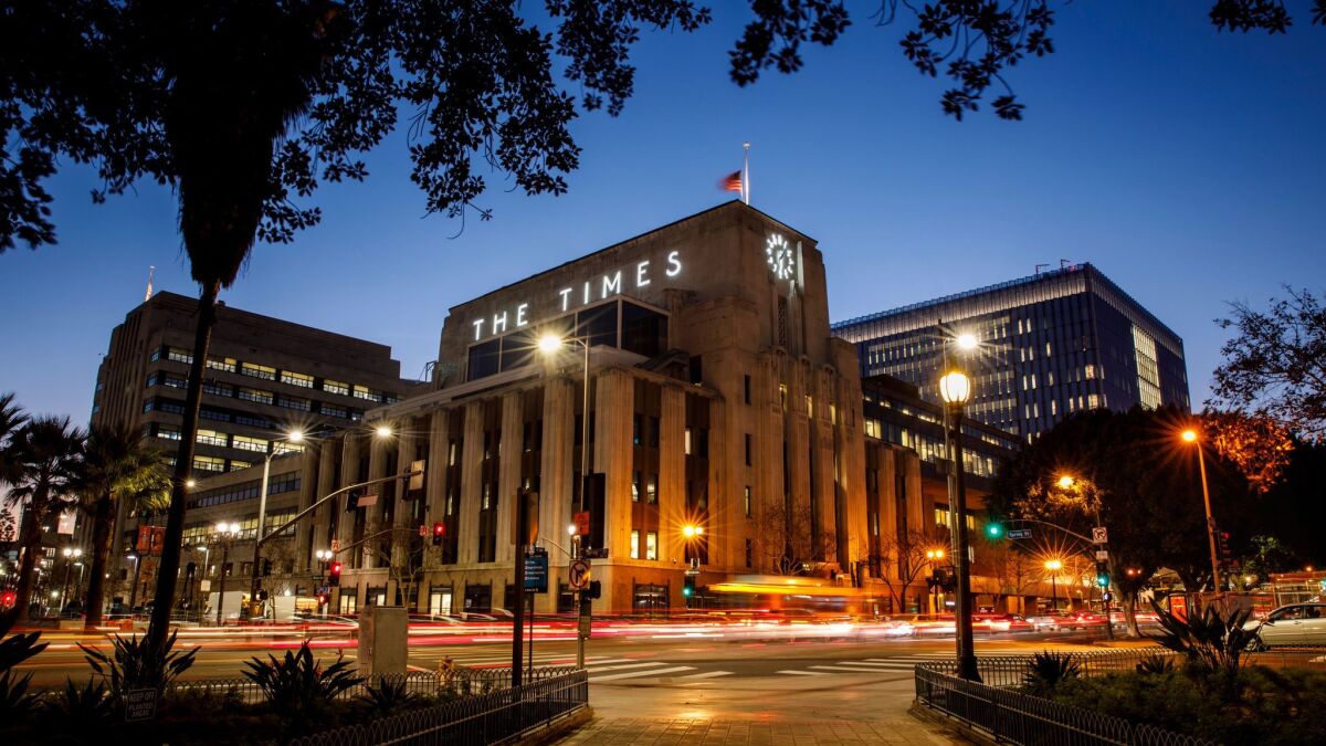The Los Angeles Times building in downtown Los Angeles in February.