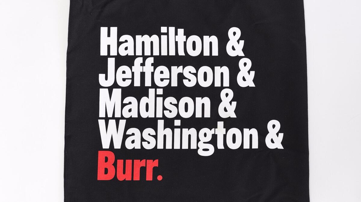 Hamilton & Jefferson & Madison & Washington & Burr tote bag. (Christina House / For The Times