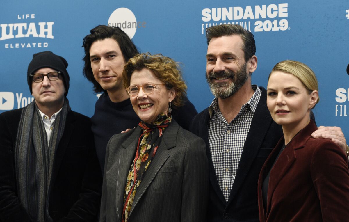 Steven Soderbergh, far left, producer of "The Report," with cast membes, from left, Adam Driver, Annette Bening, Jon Hamm and Jennifer Morrison at the film's Jan. 26 premiere at the 2019 Sundance Film Festival.