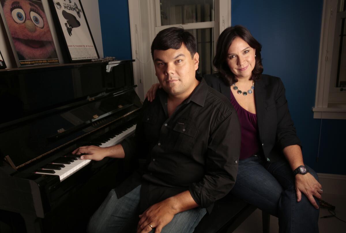 Songwriters Robert Lopez and Kristen Anderson-Lopez at their home in Brooklyn. Their musical "Up Here" will have its world premiere at the La Jolla Playhouse in the 2014-15 season.