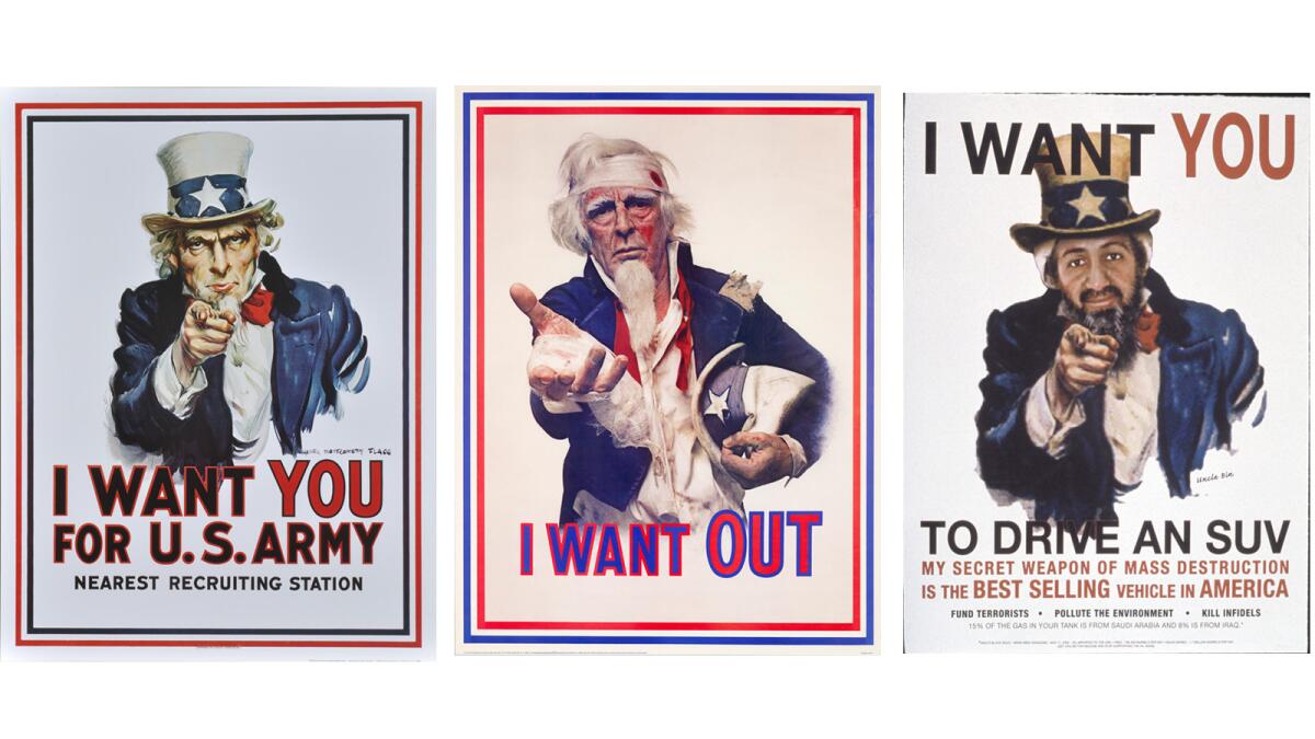 Historical memes: Riffs on the U.S. Army's "I Want You" 1917 recruiting poster (left) features an anti-Vietnam War version (center) and another with Osama bin Laden. (Center for the Study of Political Graphics)