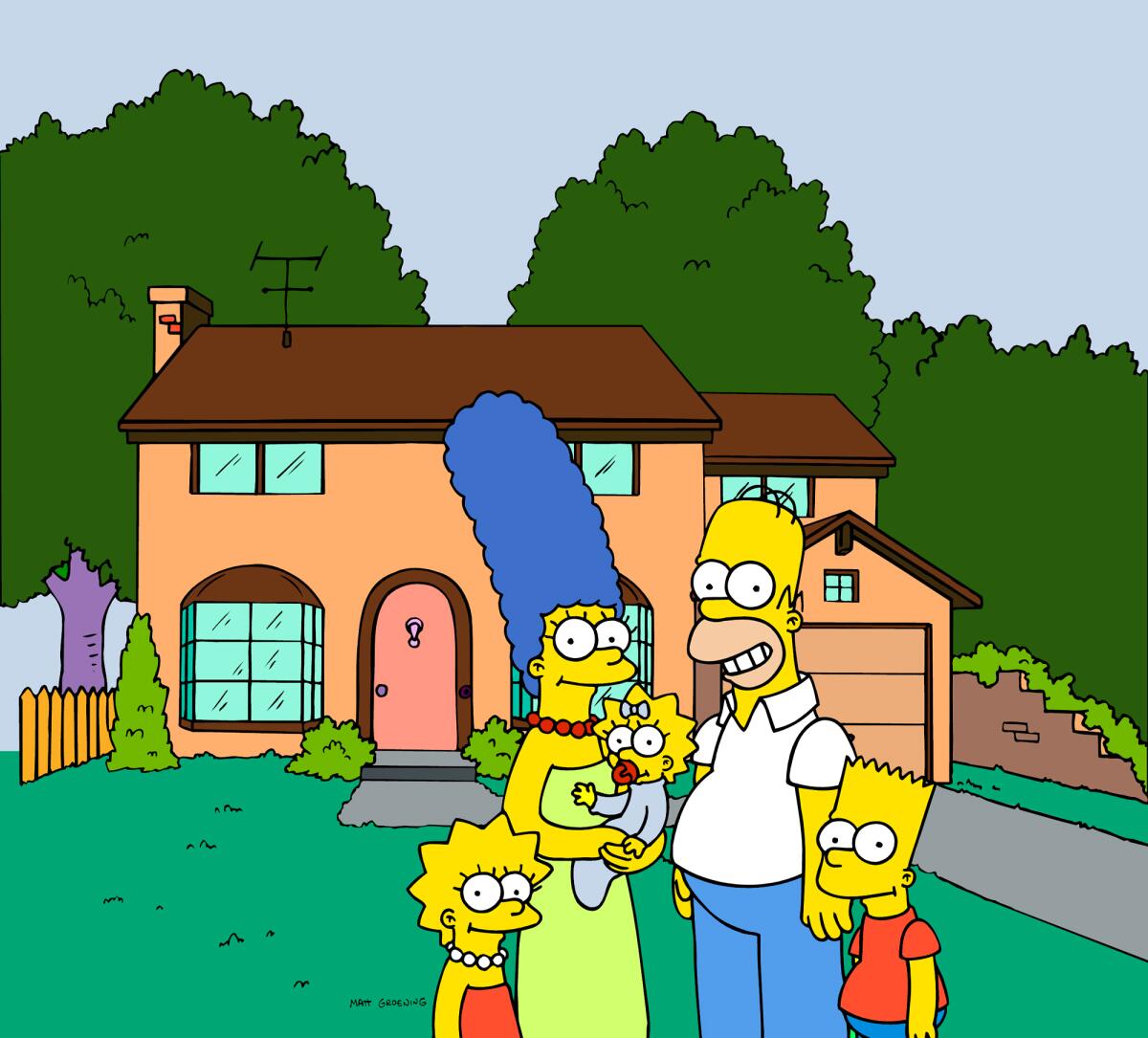 The Simpson family — Lisa, Marge, Maggie, Homer and Bart — stand in front of their home.