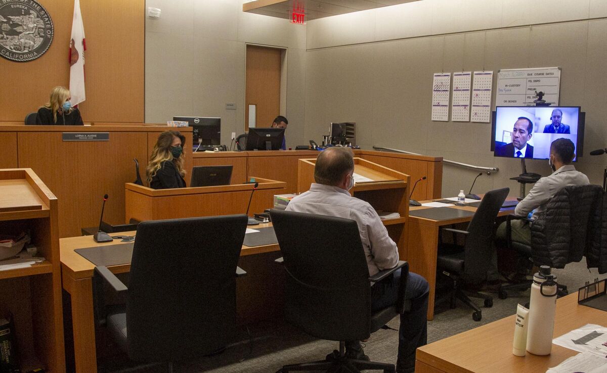 Presiding judge Lorna Alskne held the first video court case in San Diego due to the COVID-19 pandemic on Monday, April 6. Attorneys and the defendant appeared via video.