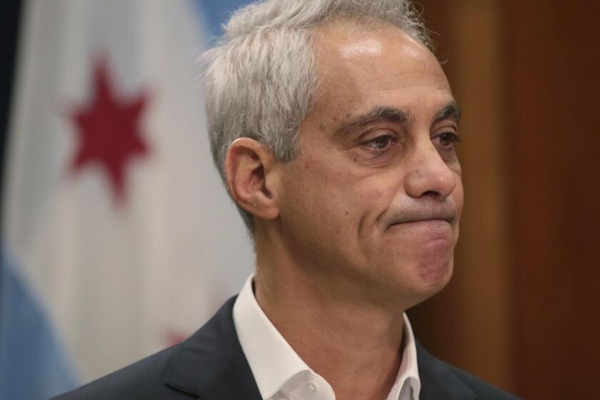 Chicago Mayor Rahm Emanuel announces Tuesday, Sept. 4, 2018, he will not seek a third term in office at a press conference on the 5th floor at City Hall in Chicago. (Stacey Wescott/Chicago Tribune via AP)