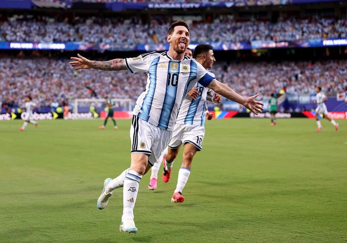 Lionel Messi of Argentina celebrates scoring his team's first goal during the FIFA World Cup 2026 