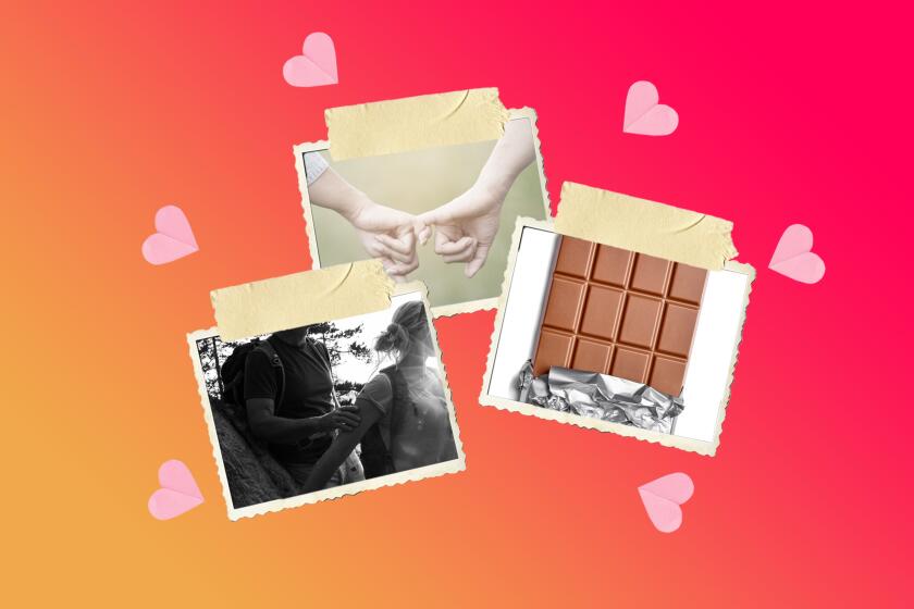 photos of hands holding, a hiking couple, and  a bar of chocolate