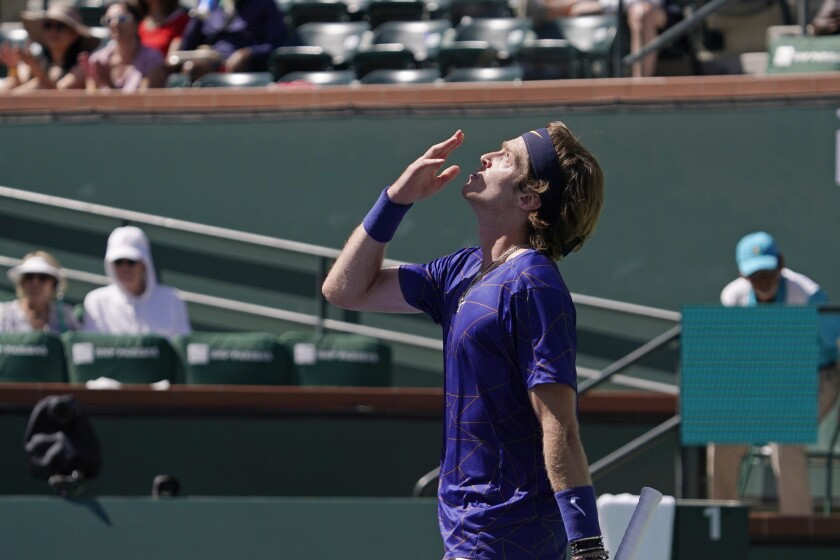 Andrey Rublev reacts after defeating Grigor Dimitrov in the BNP Paribas Open singles quarterfinals.