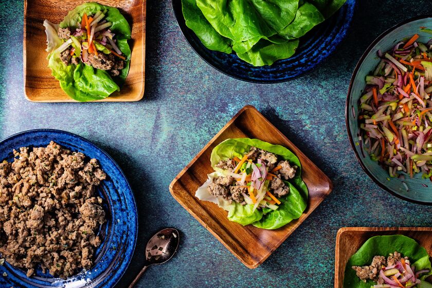 Heart-healthy Turkey Lettuce Wraps with a Chayote and Radish Slaw.