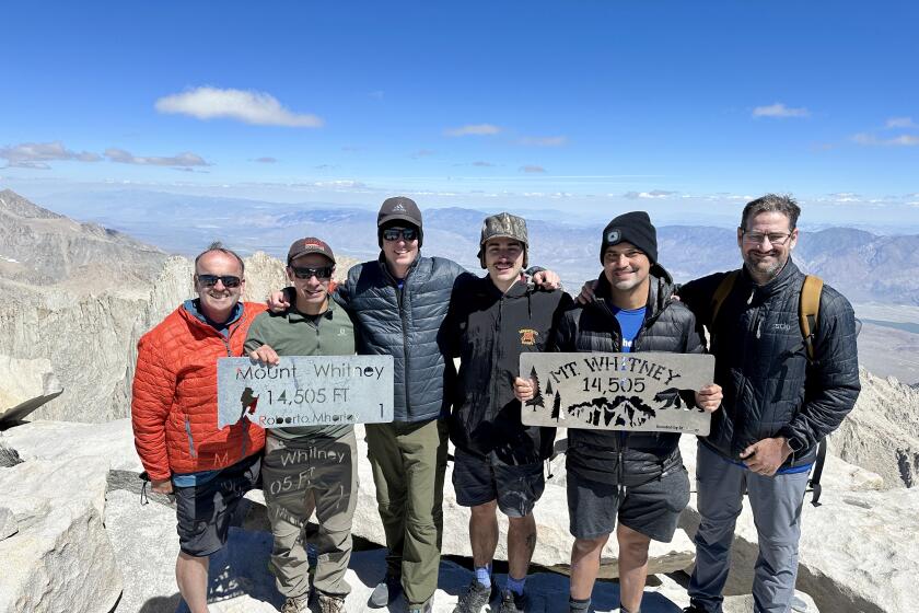 Locals Michael Coward, Michael Karres, Denham McCall, Nick Cambio (from Minnesota), Adam Rhodes and Jeff Szekeres at the summit of Mt. Whitney.