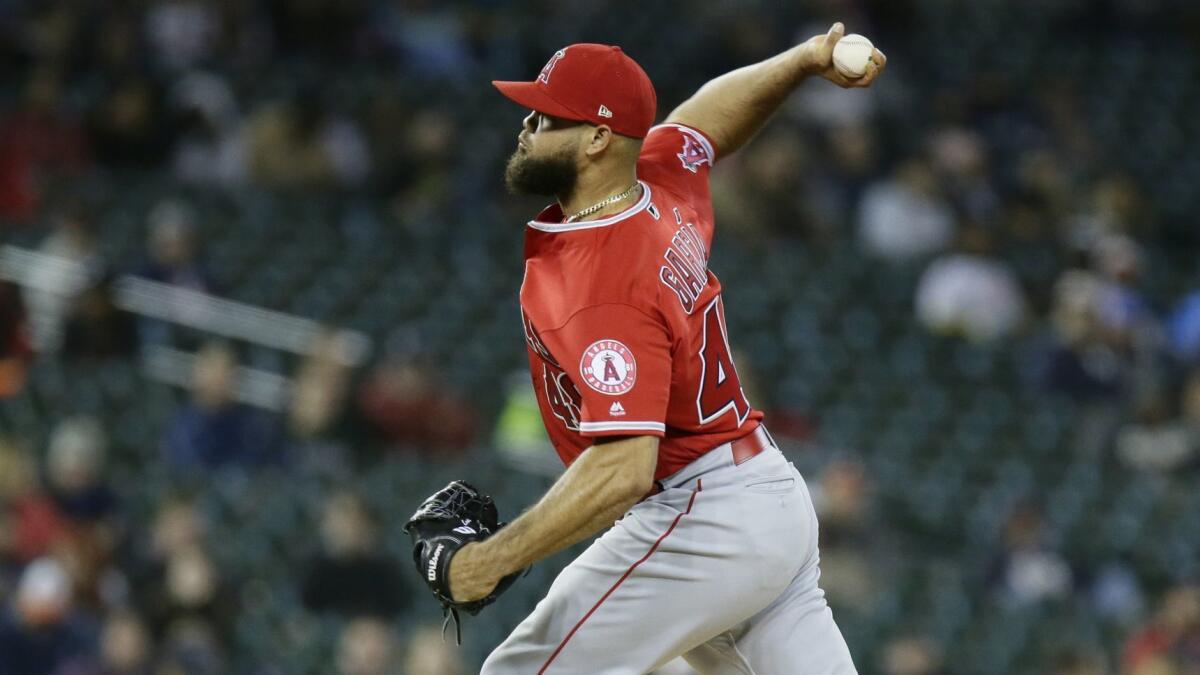 Angels reliever Luis Garcia delivers against the Detroit Tigers last week. The Angels placed Garcia on the 10-day injured list Monday.