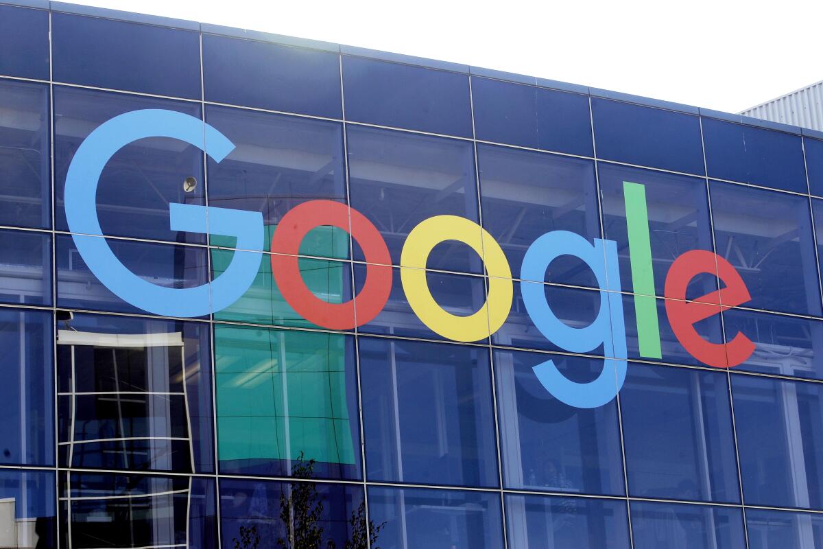 The Google logo is shown on a building at the company's campus in Mountain View, Calif., on Sept. 24, 2019.