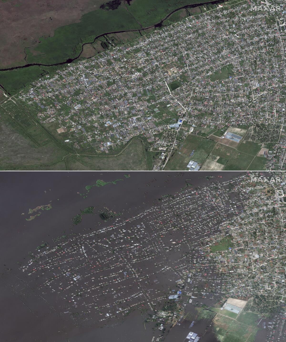 A combination of photos shows Oleshky, Ukraine, before and after flooding.