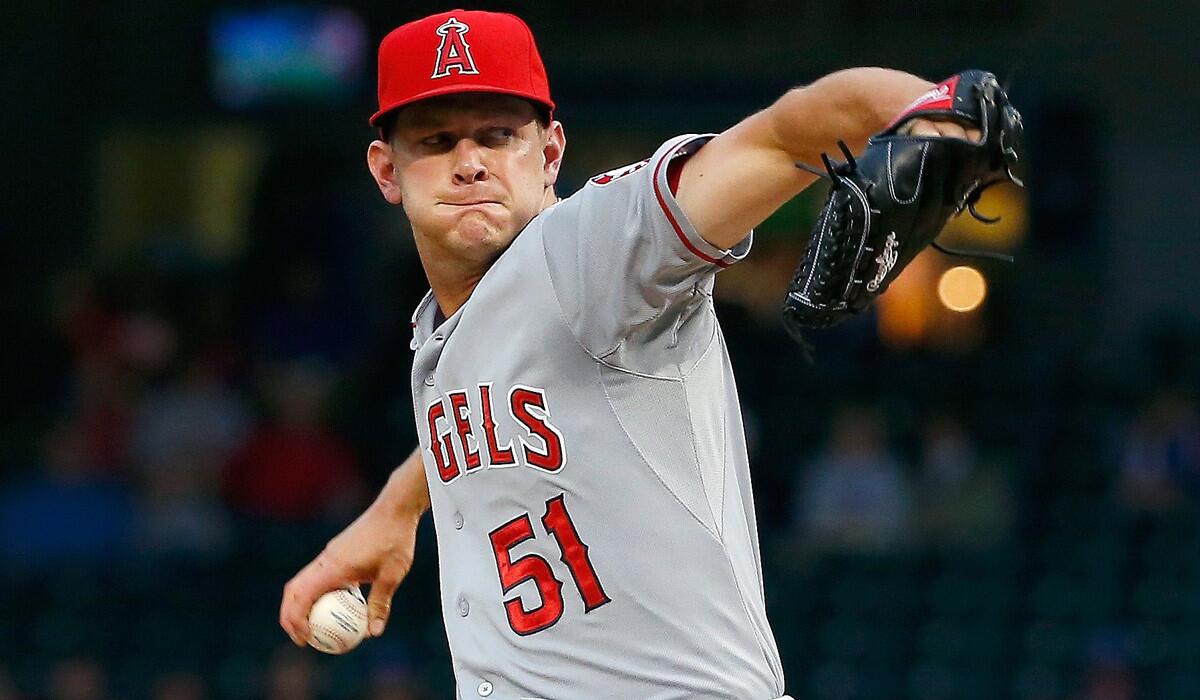 Angels pitcher Drew Rucinski pitches during a 8-2 loss to the Texas Rangers on Tuesday.