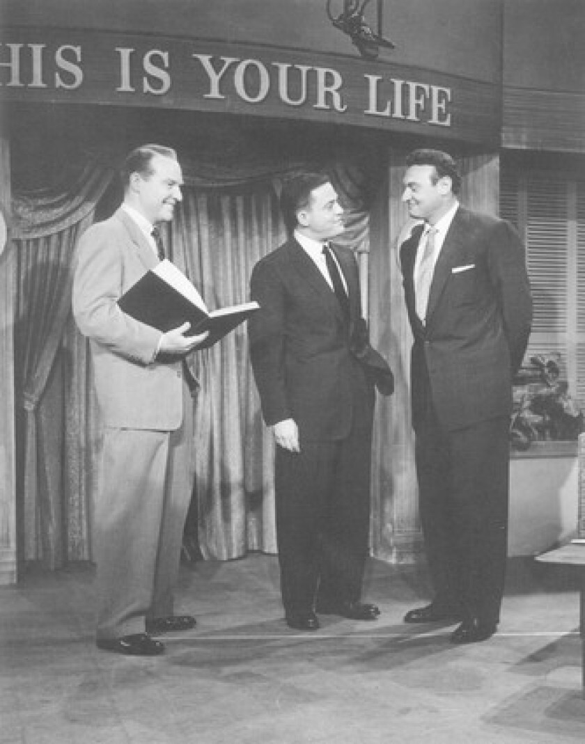 Ralph Edwards, Berle Adams and Frankie Laine tape an episode of ‘This Is Your Life’ in the late 1950s.