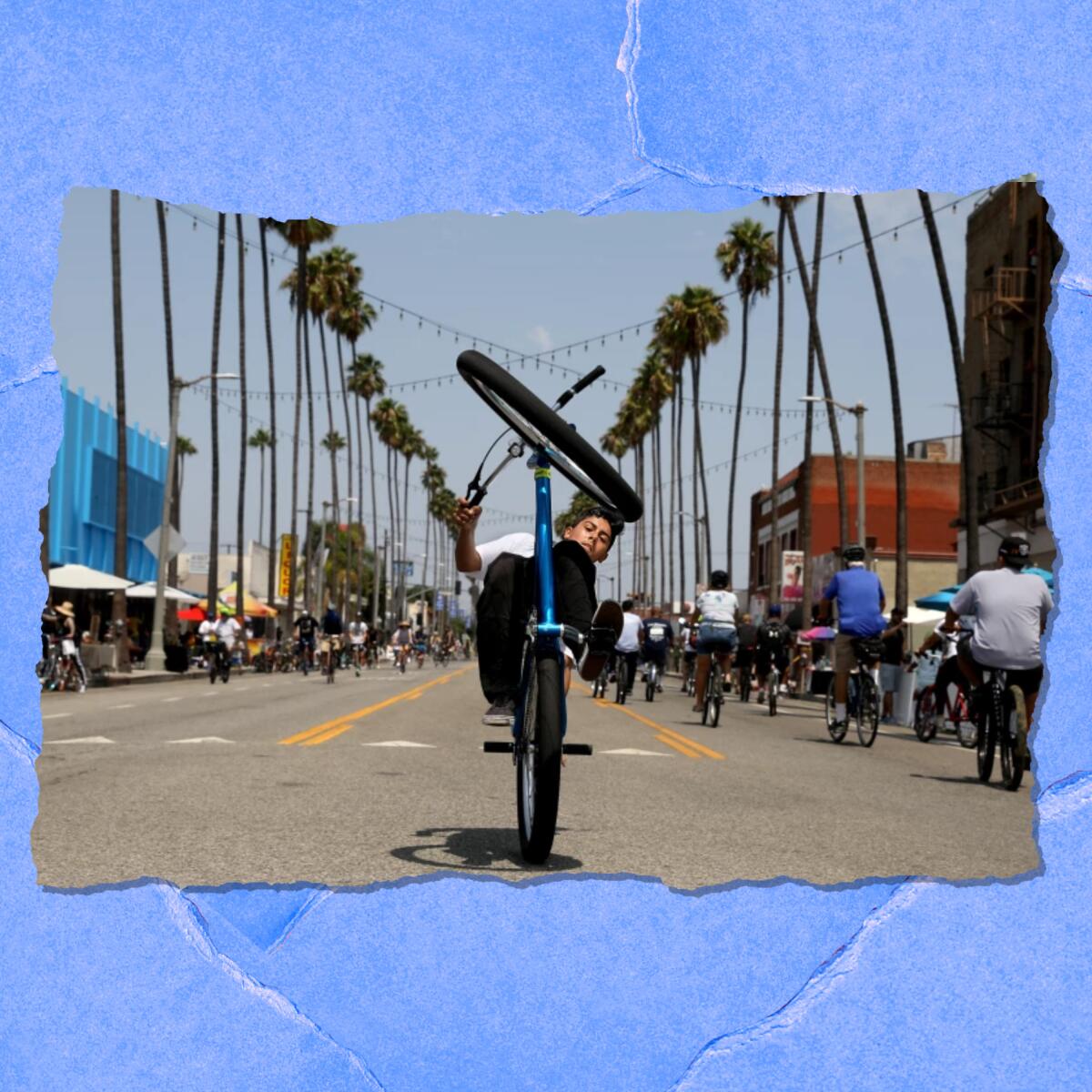 A young man does a wheelie on a bike in the middle of a city street bordered by palm trees.