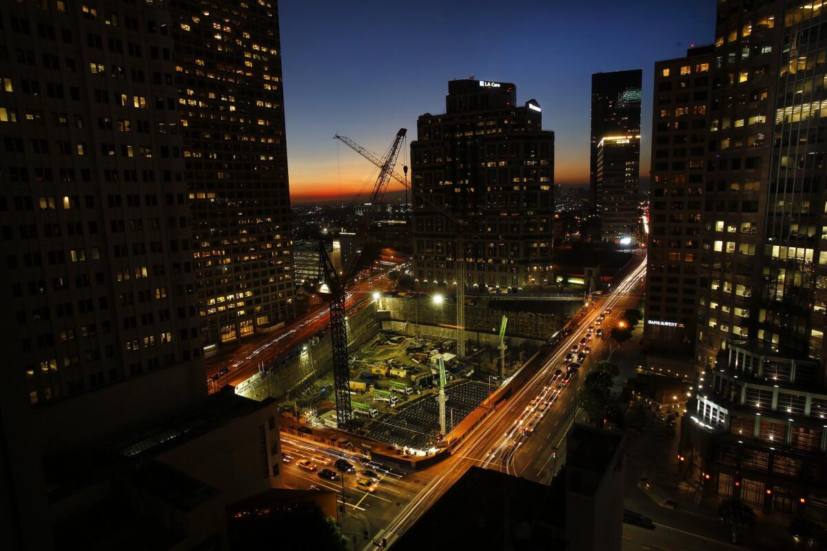 When finished the New Wilshire Grand will rise 1,100 feet and be the tallest building west of the Mississippi. The logistics for the concrete pour are daunting; crews have been preparing the site for five months.